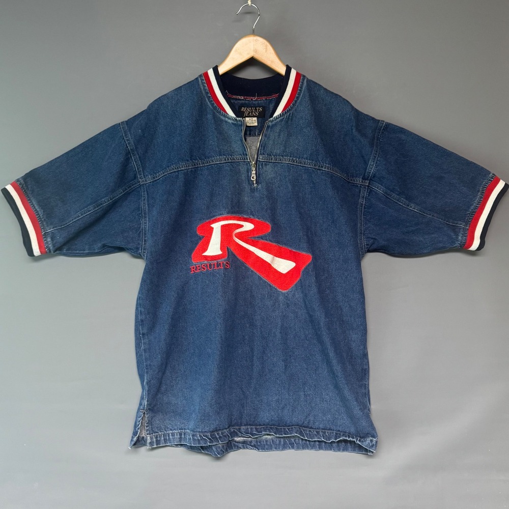 Vtg Results Jeans Denim Jersey Shirt Mens Medium Baggy Oversized Qtr Zip Y2K